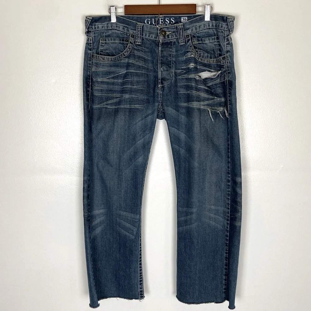 Guess Pasadena Men's Straight Leg Jeans Size 36 Distressed Flap Pockets Blue